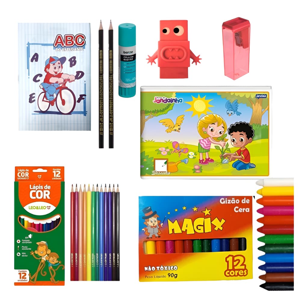 Kit Escolar Volta às Aulas 8itens-Papelaria-Material Escolar-Caderno-Giz-Lápis-Apontador-Borracha