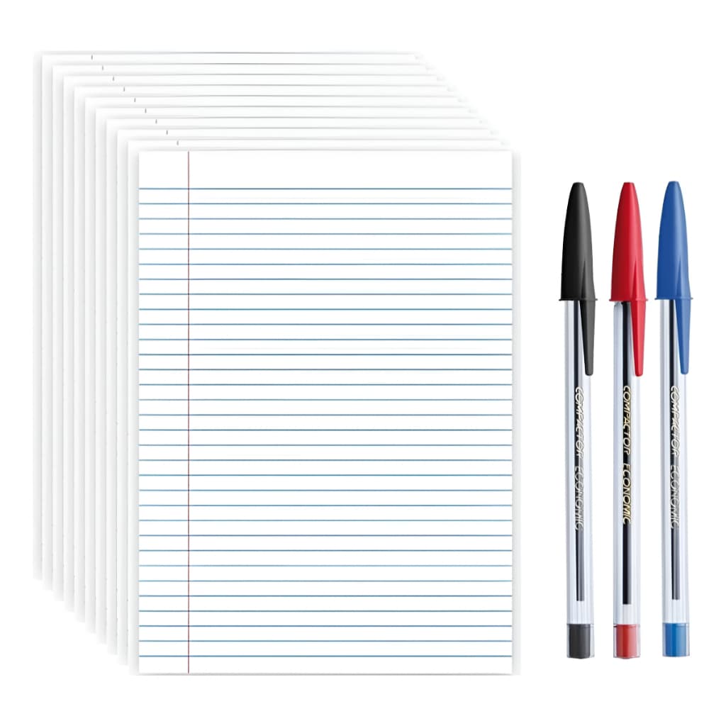 Kit Papel Almaço Pautado C/10un E Caneta Esferográfica C/3un