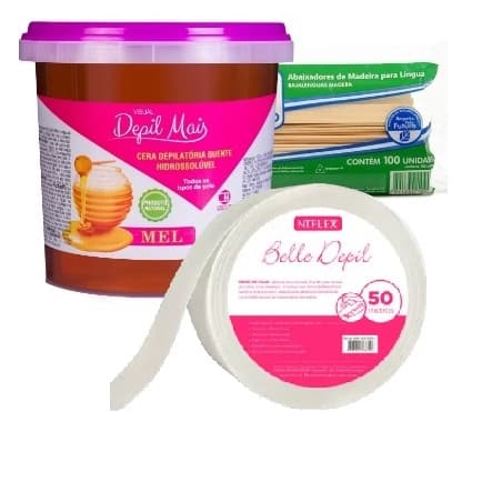 Kit Cera Depilatória Hidrossolúvel Depil Mais (cera 1,3kg + Papel dep. 50m + PC100unid abaix. língua)