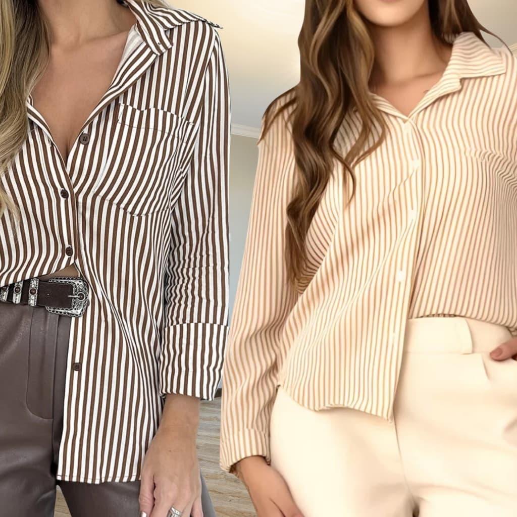 Kit 2 Camisas Social Listrada Bege E Marrom Caramelo Feminina - Vista o seu melhor