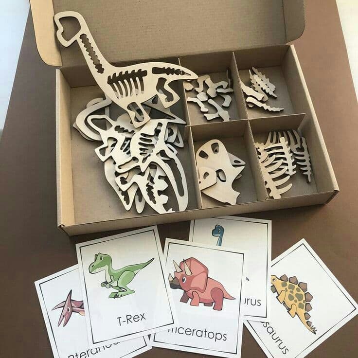 Kit caixa Educativo Dinossauro Quebra cabeça de Madeira para Crianças