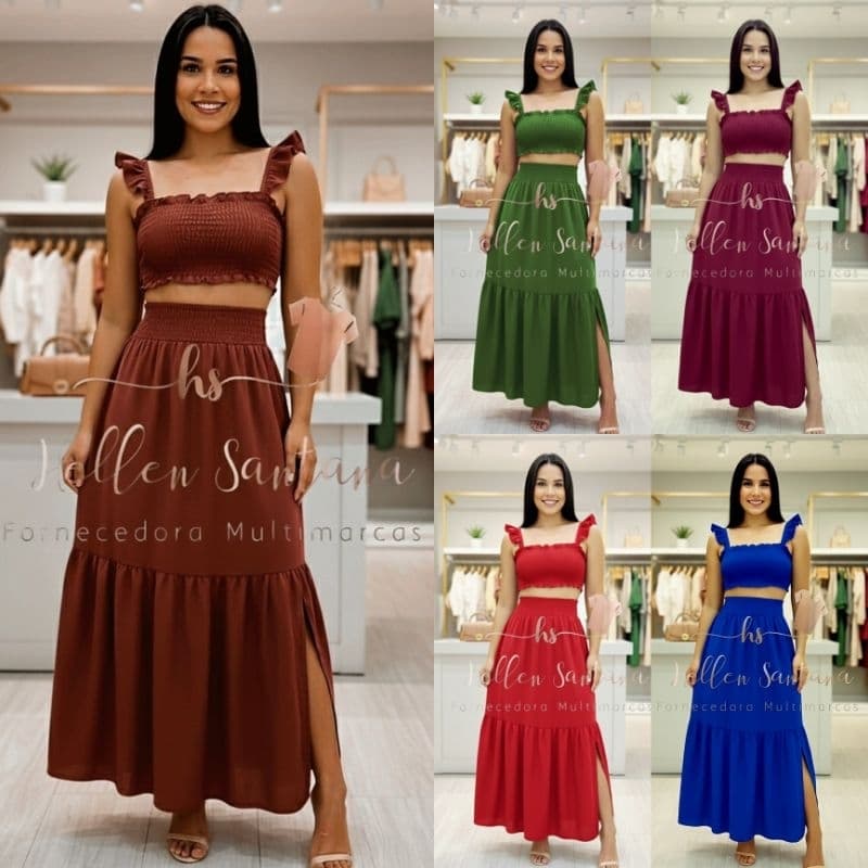 Conjunto Feminino Saia Longa e Cropped Moda Feminina Lastex Com Fenda Lateral Maya Duna