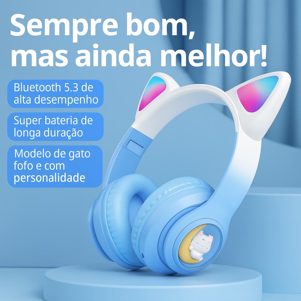 Fone De Ouvido Bluetooth Orelha Gatinho Infantil Led Com Bluetooth Microfone