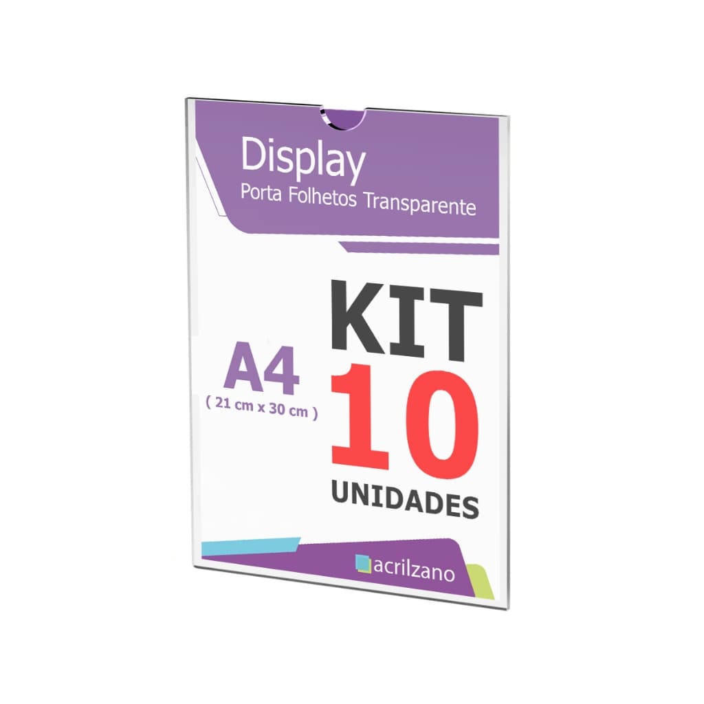 Display de Parede Acrílico Transparente da Acrilzano A4 Kit 10 Unidades