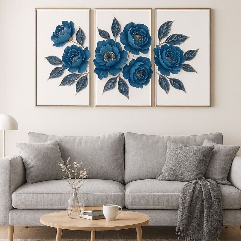 Quadro 3 Peças Flor Azul Luxo Decorativo Moderno e Sofisticado