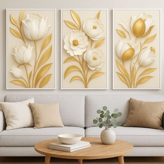 Quadros Decorativos Flor Tulipa Dourada e Branca 3 Peças Mosaico para Sala e Quarto