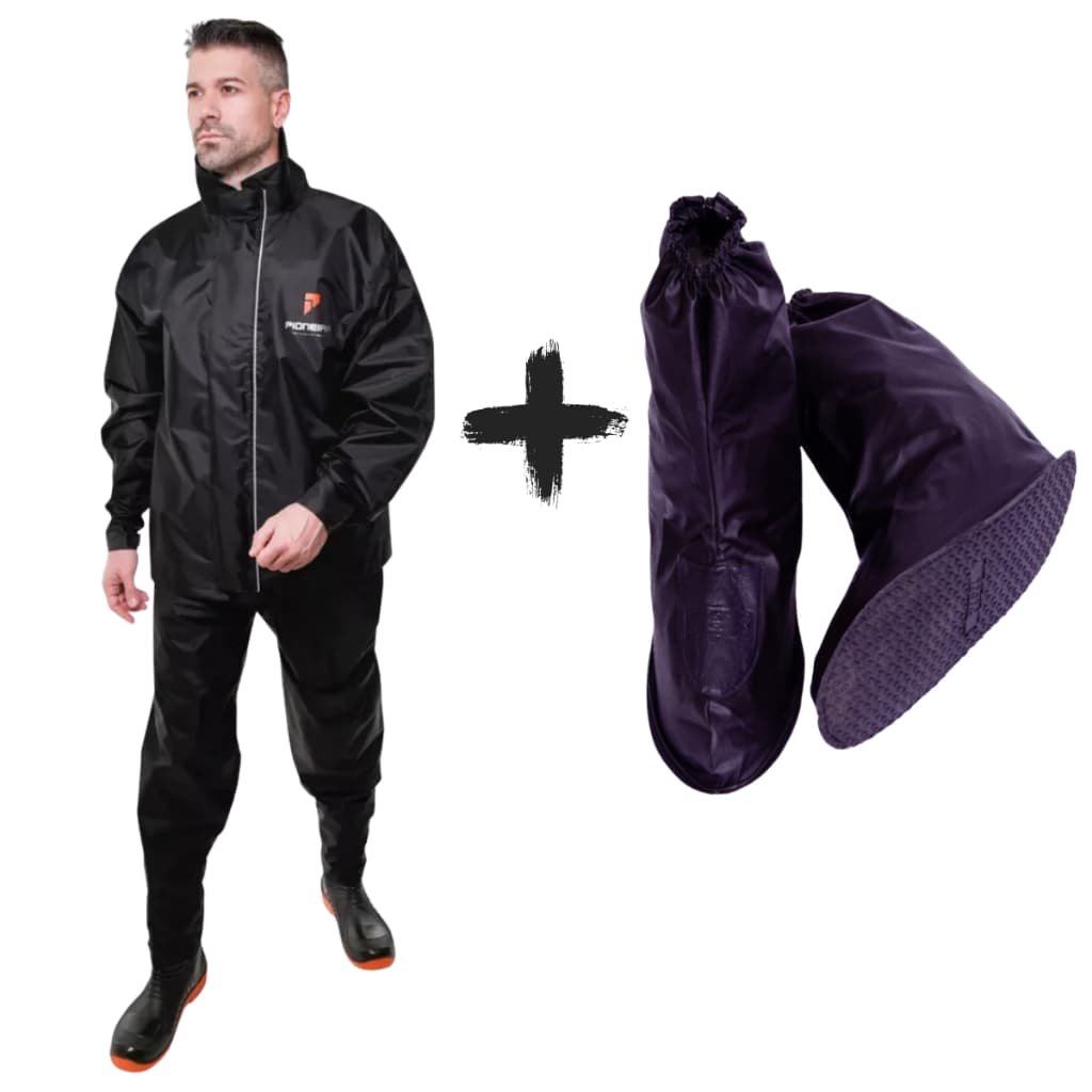 Kit Capa Roupa Cojunto Chuva Nylon Pioneira Motoqueiro Moto Motoboy Impermeável + Polaina Pvc Bota