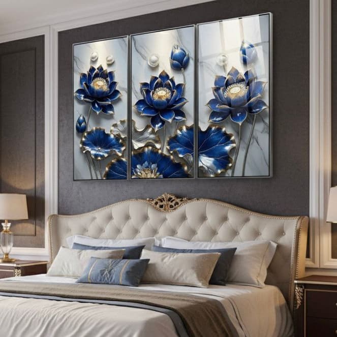 Quadro Decorativo 3 Peças Flor de Lótus Azul Luxo Moderno para Sala e Quarto