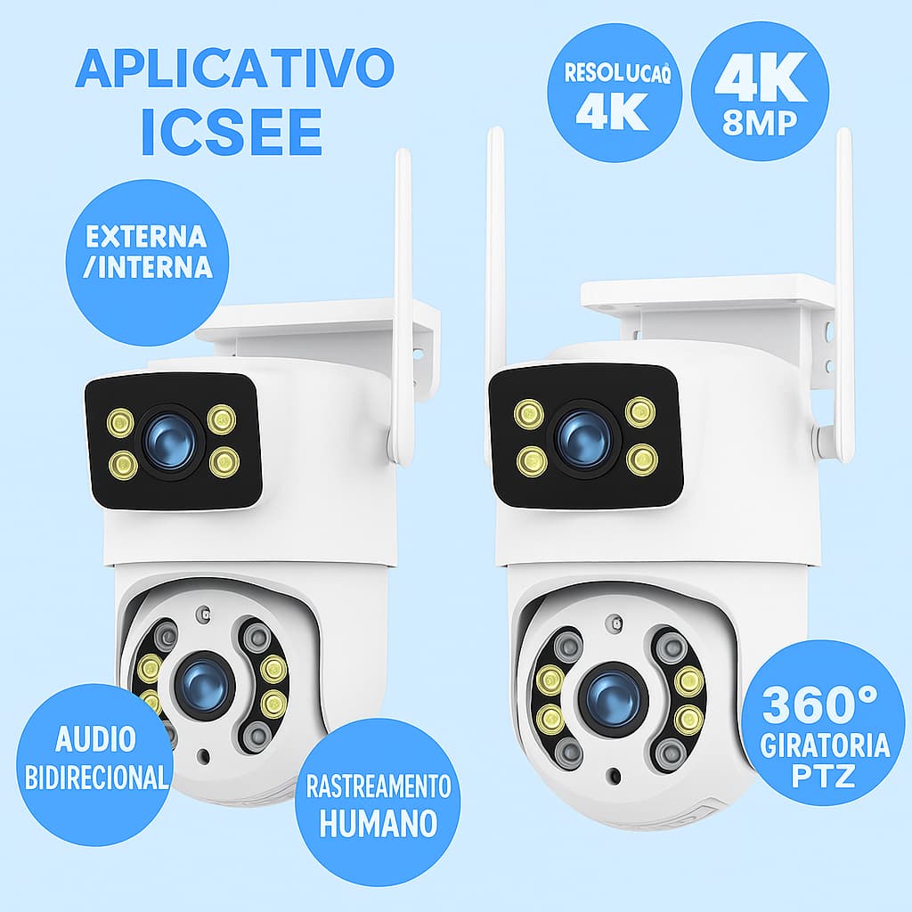 Kit 2 Câmera Segurança Wifi 8mp Lente Dupla 4k Ultra Ip 360° 2 Lentes Prv D'água Icsee Celular Wi-fi