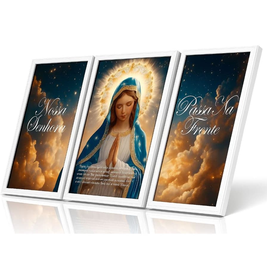 Quadros Decorativos Religioso Nossa Senhora Passa na Frente 3 Peças Mosaico Sala Quarto Escritório