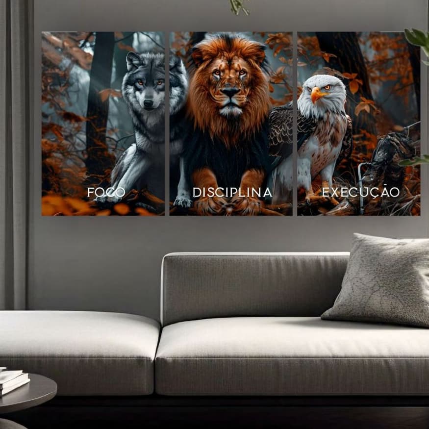 Quadros Decorativos foco disciplina execução Full Hd 3 Peças Mosaico Sala Quarto Escritório