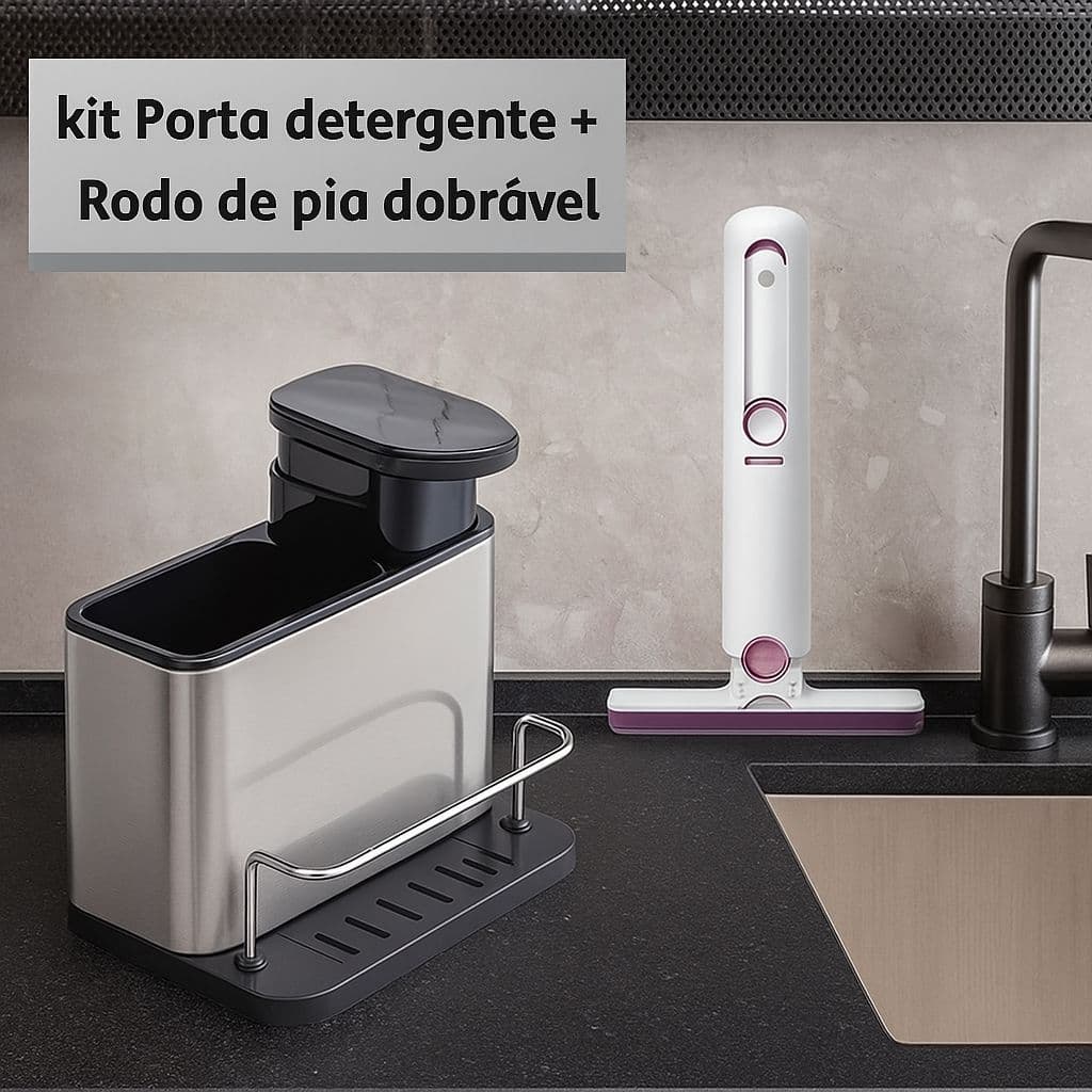 kit Cozinha porta detergente em aço inox + rodo de pia dobrável