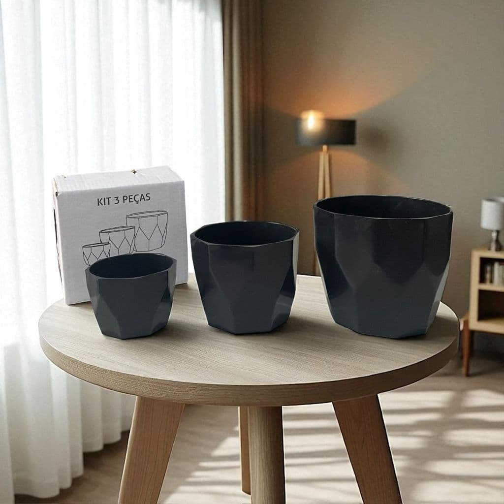 Kit com 3 Vasos para Plantas Decorativo Cachepô Facetado Liso Centro Mesa Suculentas Cactos N2 N3 N4