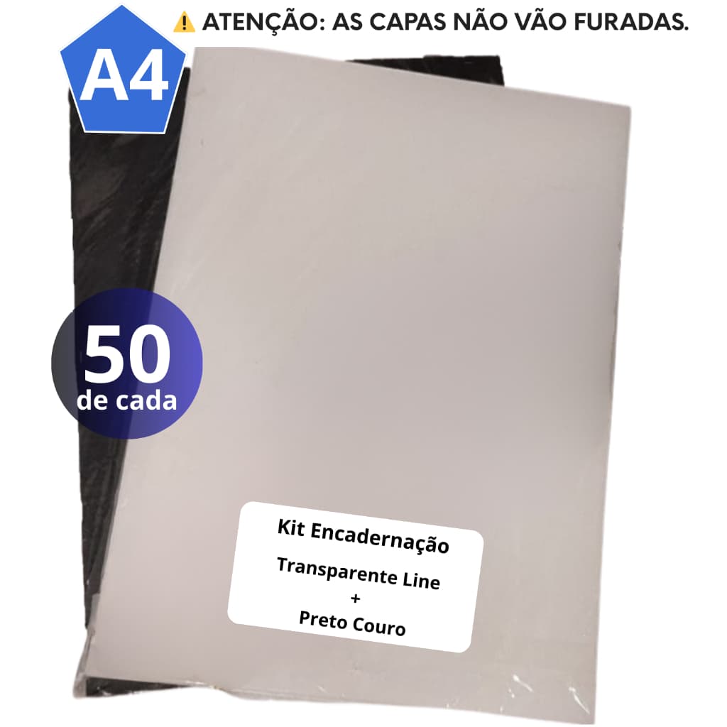 KIT CAPA ENCADERNAÇÃO A4 TRANSPARENTE LINE 50 fls + PRETO COURO 50 fls