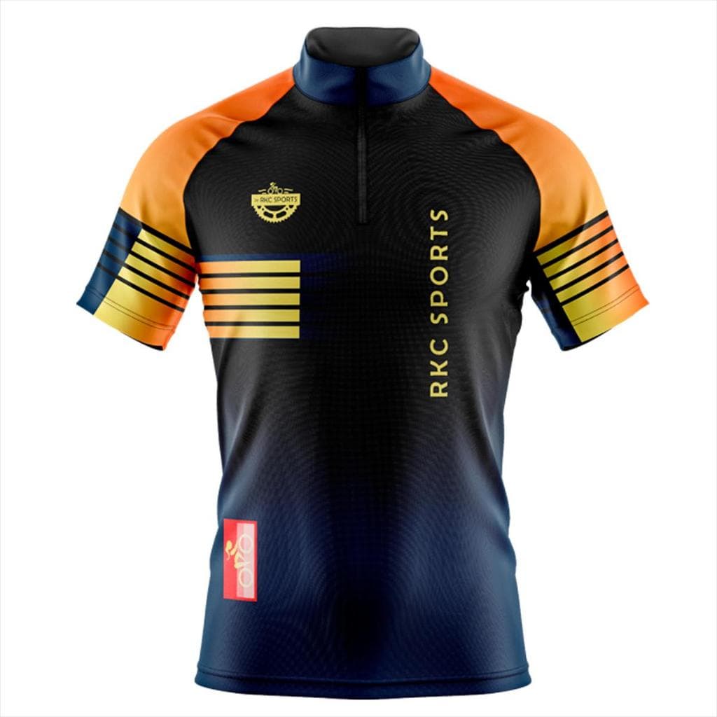 CAMISA CICLISMO MASCULINA MOUNTAIN BIKE MANGA CURTA PROTEÇÃO UV RKC SPORTS LISTRADA PRETO E LARANJA