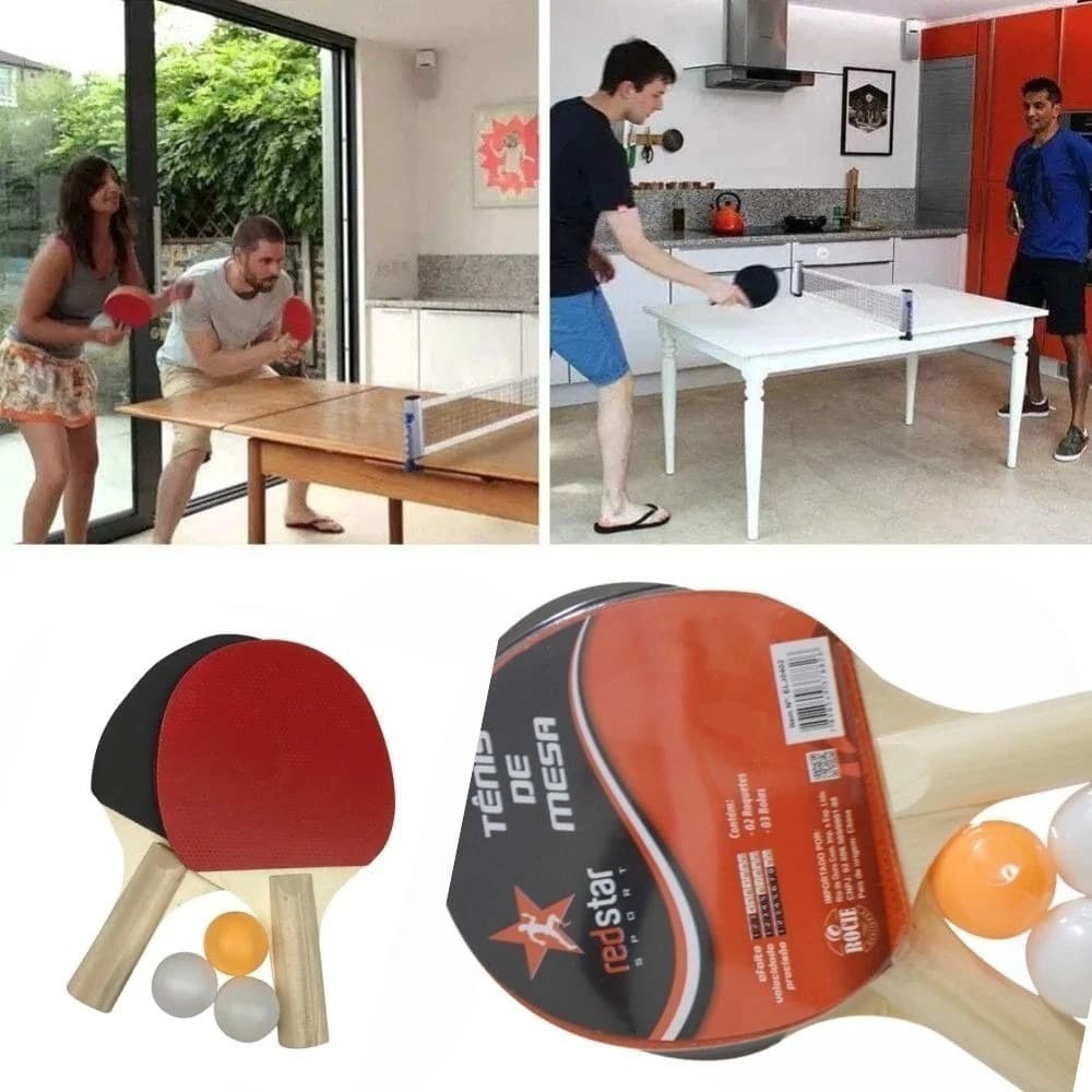 Kit Ping Pong Tênis de Mesa Profissional Equipamentos Esportivos Contém 2 Raquetes 3 Bolinhas e Rede