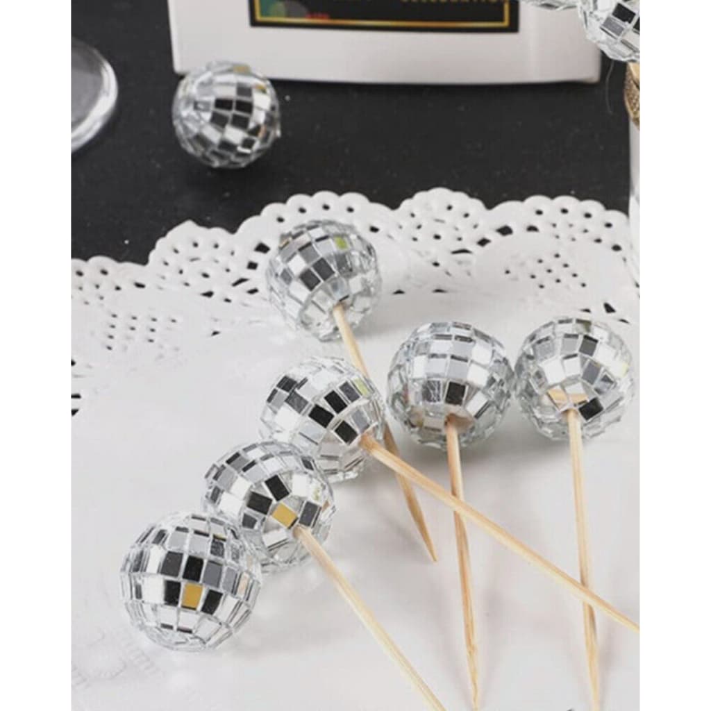 Kit com 6 Palitos Petisco Decorativos de Globo Espelhado Prata Festas, Mesa Retrõ Anos 80
