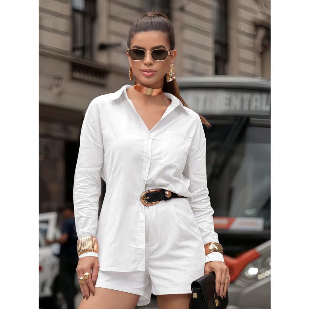 Conjunto Feminina em linho sem cinto camisa manga longa com short P M G GG