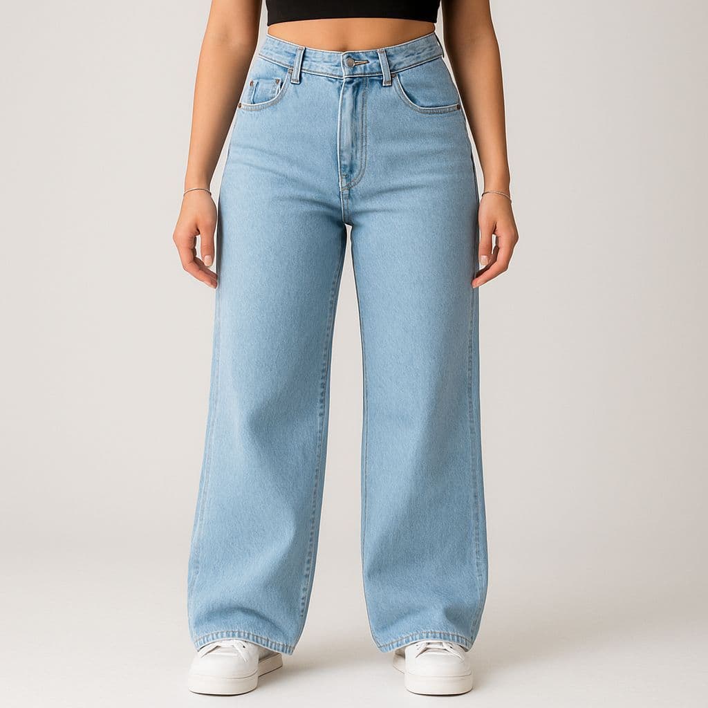 Calça Jeans Azul Claro Feminina Wide Leg Cintura Alta