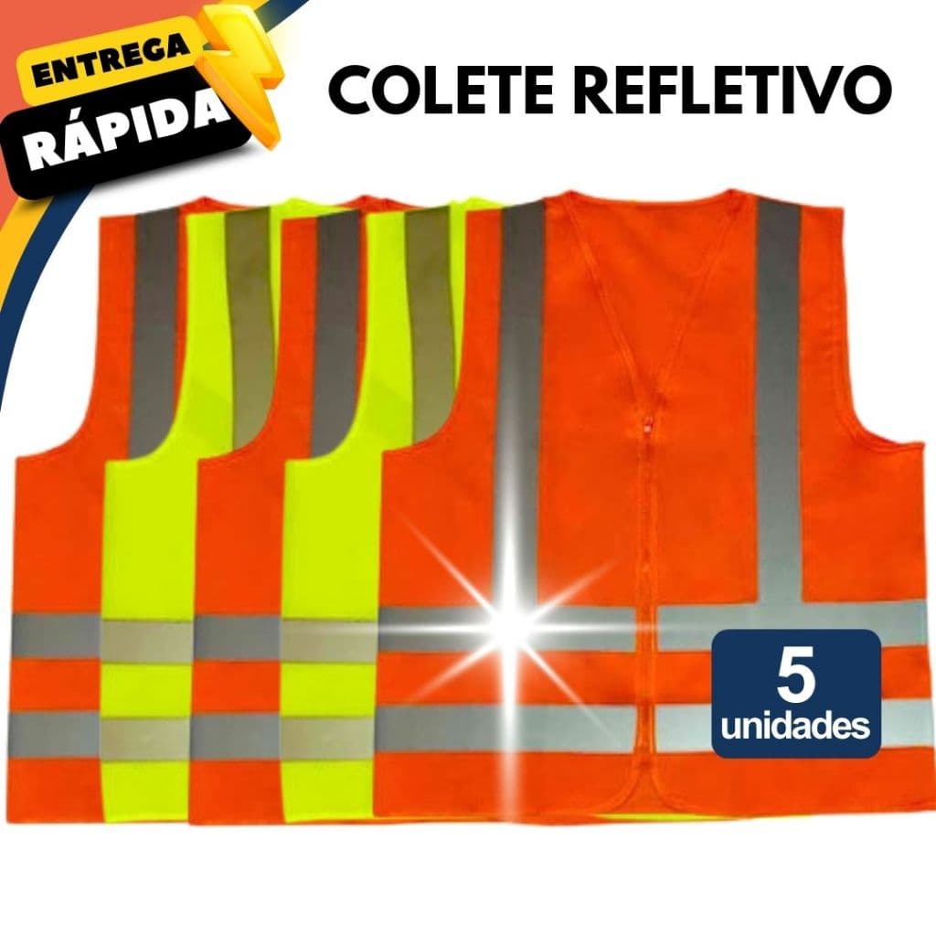 Kit 5 Colete Refletivo Entregador Motoboy Eventos Obras Ciclista Com 4 Faixas Segurança Proteção
