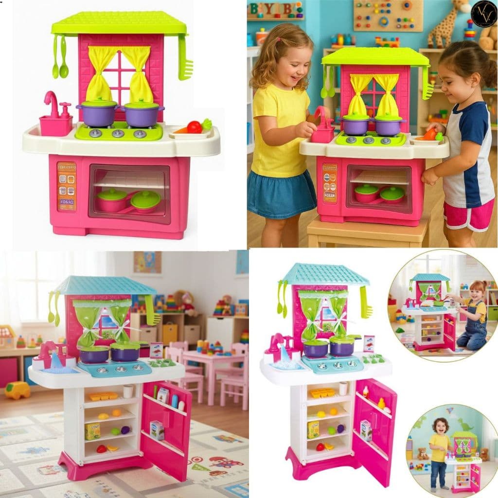 Cozinha Infantil de Brinquedo Geladeira Fogão Forno Pia Acessórios Telhado e Janelinha para Crianças