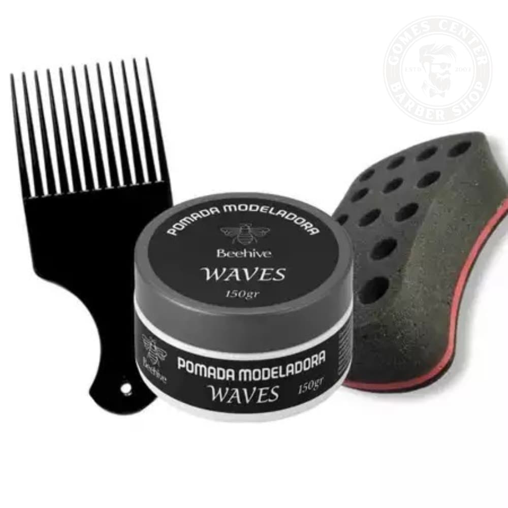 Kit Pente Afro Plástico+Esponja Nudred Simples+Pomada Modeladora Waves - Barbearia