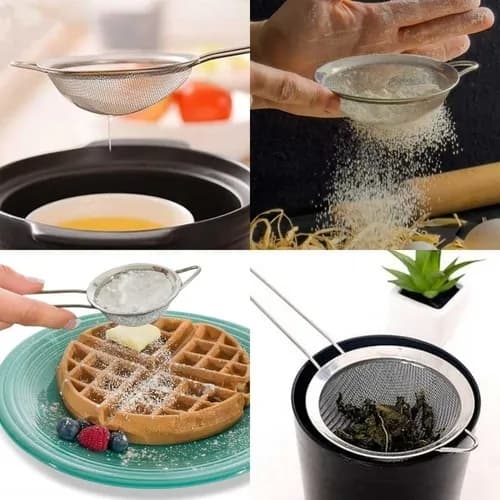 Kit 3 Peneira De Cozinha Inox Coar Polvilhar Escorrer Massas Malha Fina Bebida Açúcar Farinha Manual