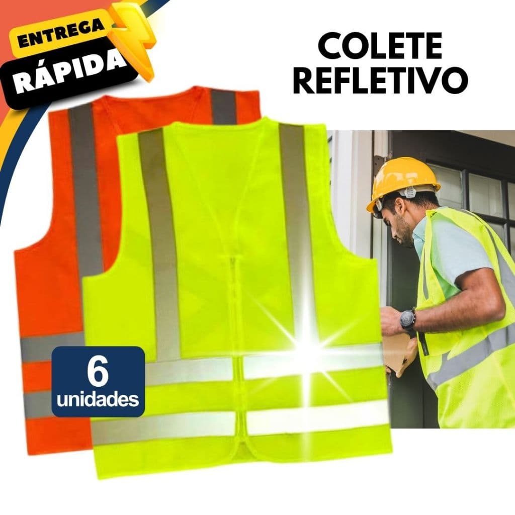 Kit 6 Colete Refletivo Trabalho Visibilidade Noturna Eventos Entregadores 4 Faixas Segurança Obras