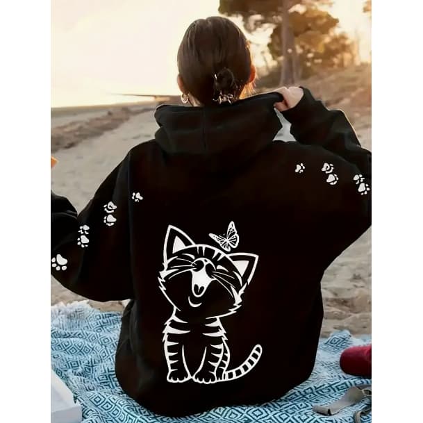 Moletom Blusa de Frio Casaco Feminino Gatinha Borboleta Felicidade Patinhas Nas Mangas Novo!