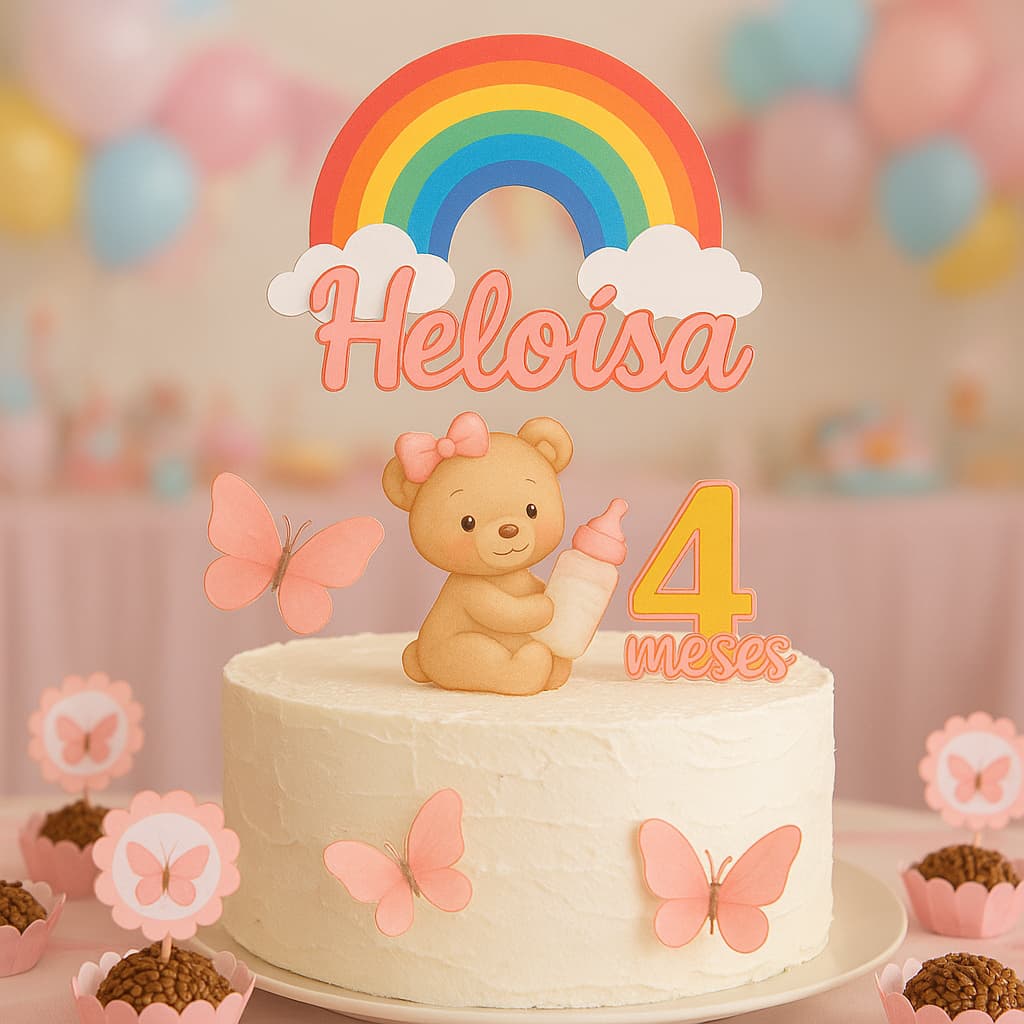 TOPO DE BOLO URSINHA PERSONALIZADO Menina Mesversário - Aniversário -TOPPER