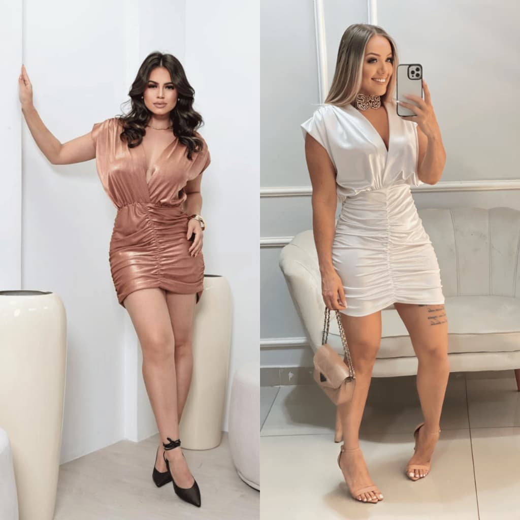 Vestido Feminino  Curto Justo com Franzido e Manga Morcego – Moda Festa Tecido Brilhoso 2,0
