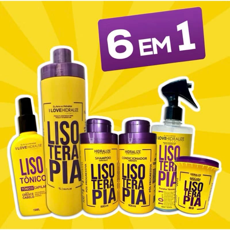 Kit Lisoterapia 6 em 1 – Shampoo + Condicionador + Máscara + Tônico Capilar + Protetor Térmico + Alisante progressiva