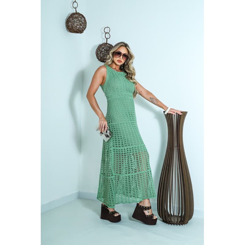Vestido Midi Frente Única Tricô Rendado Forrado Ponto Crochê Festa Elegante Chique Estiloso Natal Ano Novo Festas