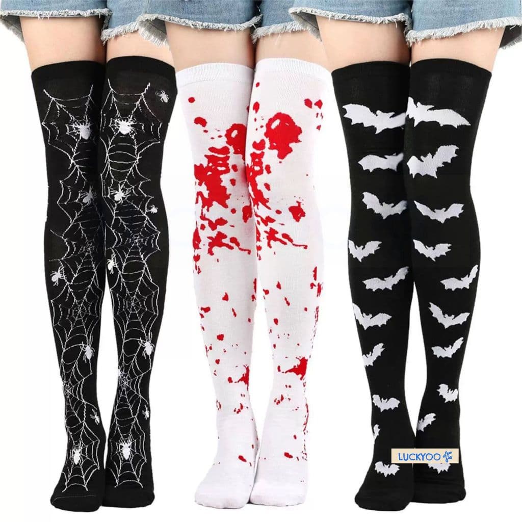 Meia 7/8 Estampada Halloween Acessório Cosplay Fashion Fantasia Carnaval Colegial Harajuku Geek Loli até Joelho Kawaii