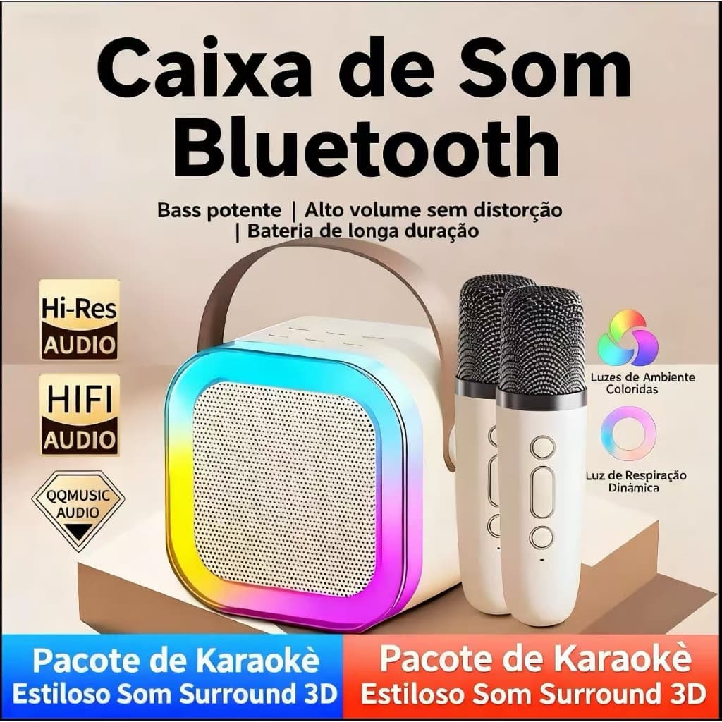 Caixa de Som Bluetooth K12 com Microfone Duplo – Alto-Falante Portátil para Karaokê Sem Fio
