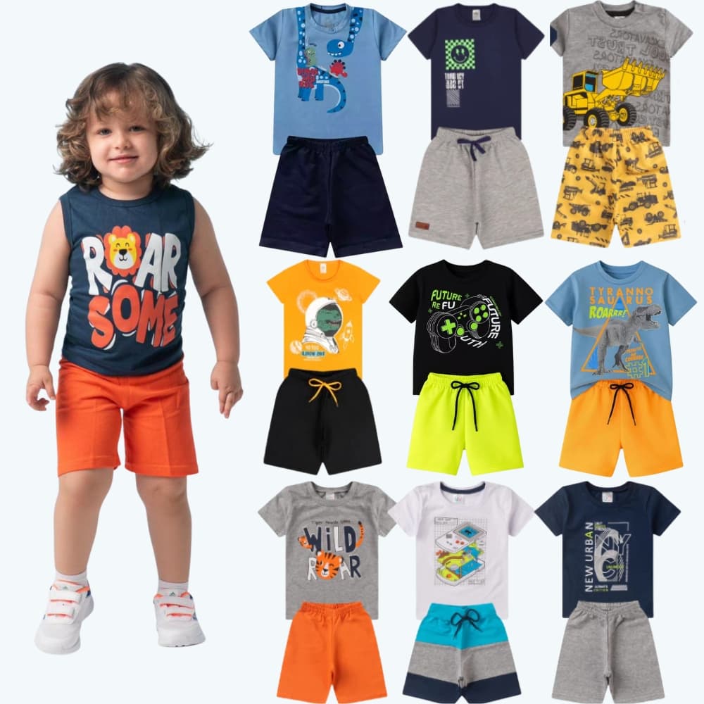 Kit com 2, 3 ou 5 Conjuntos de Roupas Infantil Menino Cores e Estampas Sortidas