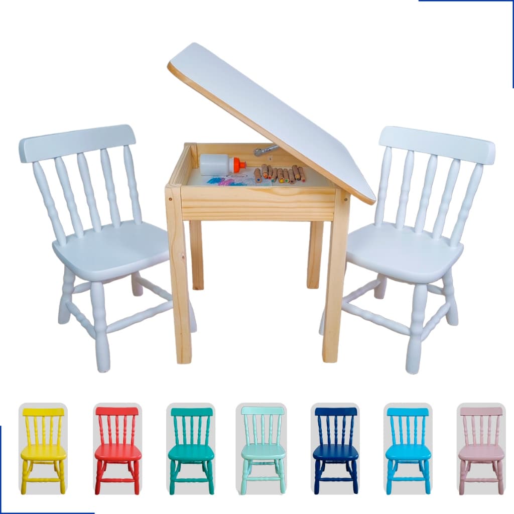 Mesinha Infantil Baú Madeira + 2 Cadeirinhas Escola Porta Objetos Organizador Brinquedos Creche Espaço Educativo