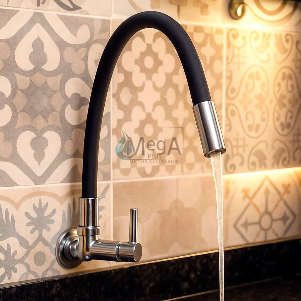 Torneira Gourmet Flexivel Preta de Parede Para Cozinha De Luxo