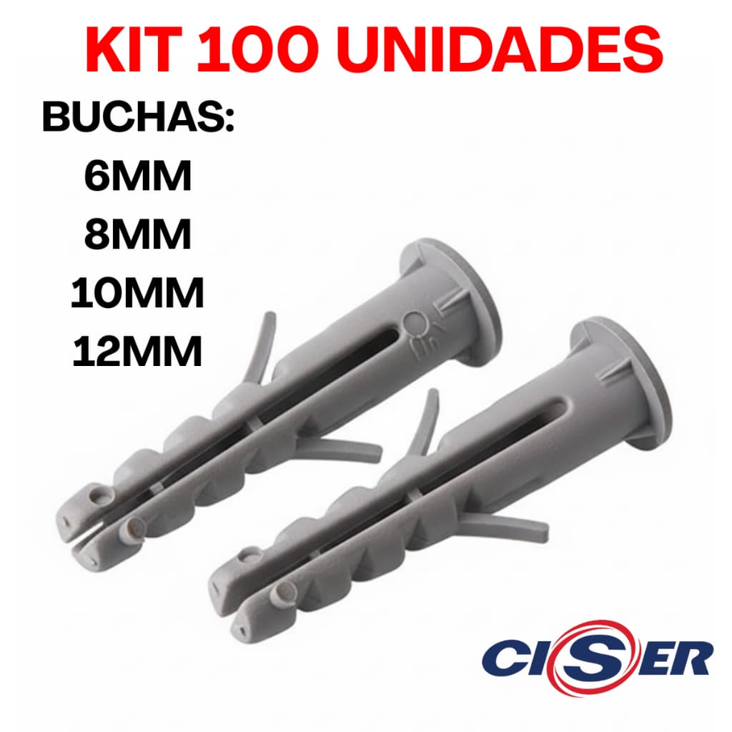 Kit 100 Buchas de Fixação Com Anel Aba 6mm À 12mm Para Parede Ciser