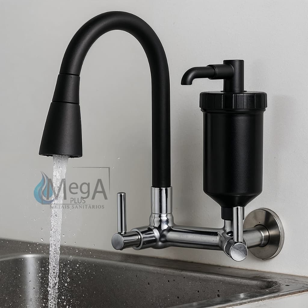 Torneira com Filtro de Cozinha Cone Preta de Parede Inox Alta Qualidade
