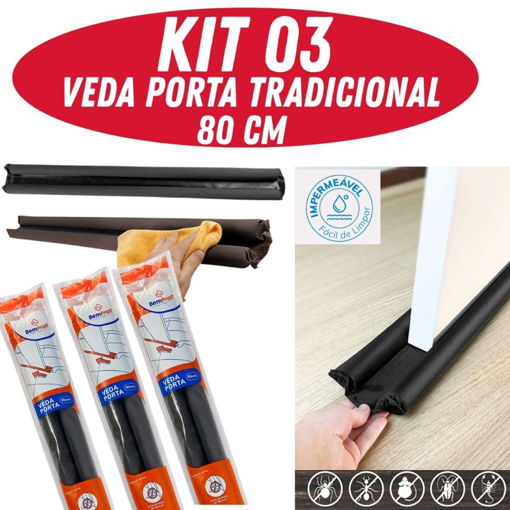 Kit 3 Veda Porta Tradicional 80cm  – Preto | Protetor de porta - Contra Poeira, Insetos e Vento - Bemprat