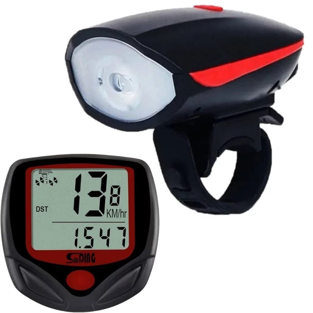Kit Lanterna Farol Led Bike C/ Buzina Bicicleta Recarregável Usb + Velocímetro Digital Bike a prova d'agua com fio