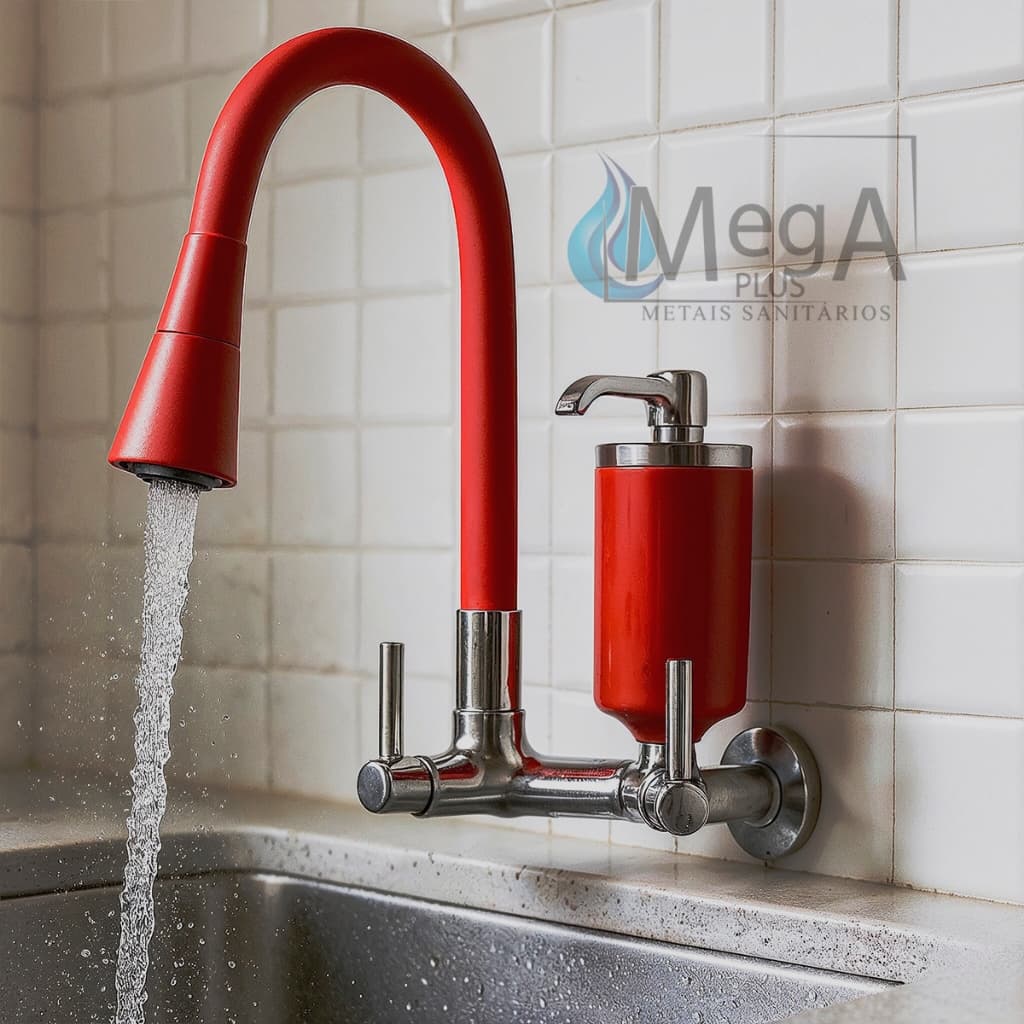 Torneira com Filtro Cone Vermelha de Parede para Cozinha Alta Qualidade Inox