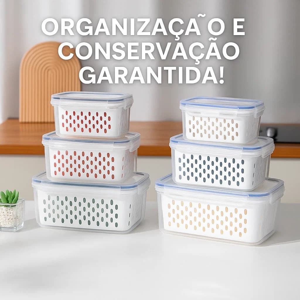Conjunto Kit 3 Potes Herméticos com Cesto Frutas Legumes Hermético Quadrado com Tampa BPA Free