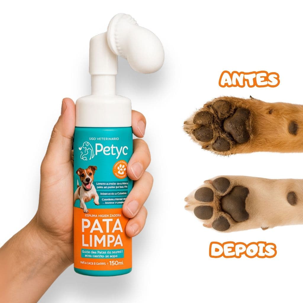 Limpa Patas Petyc 150ml Cães Gatos Espuma Higienizadora Sem Enxágue Escova Massageadora Hipoalergênico Aloe Vera