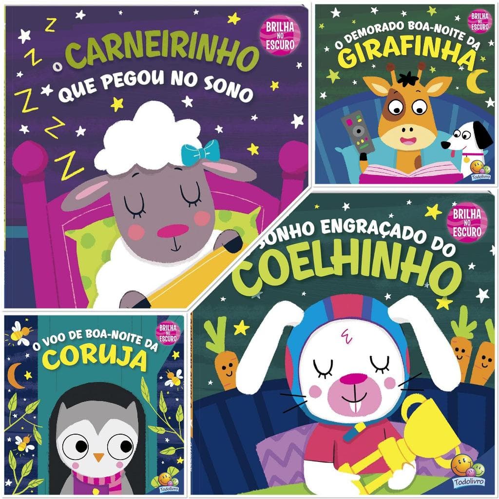 4 Livros Infantis Brilha no Escuro – Histórias de Boa-Noite com Animais | escolha na variação