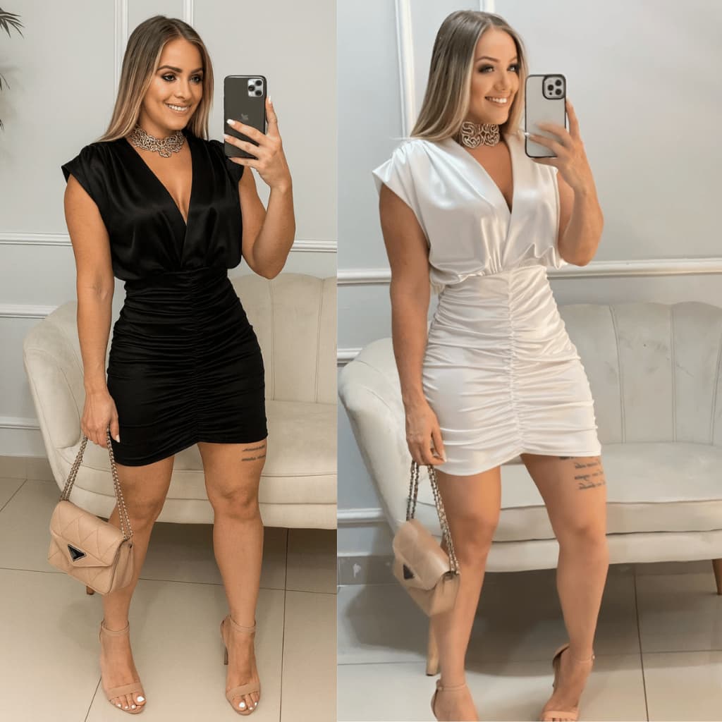 Kit. 2 de Vestido Feminino  Curto Justo com Franzido e Manga Morcego – Moda Festa Tecido Brilhoso