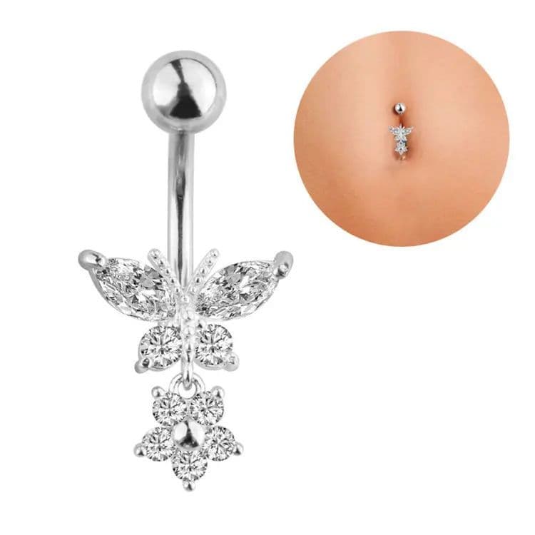 Piercing De Umbigo Prata/Dourado Pendurado Pedra Borboleta Flor