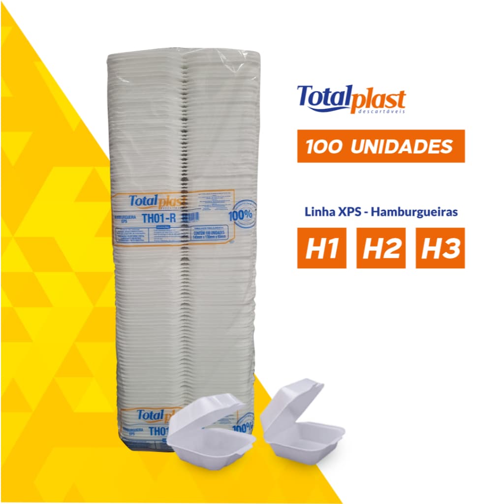 Hamburgueira Isopor TotalPlast 100 un | H1, H2, H3 | Lanches, Sobremesas e Porções