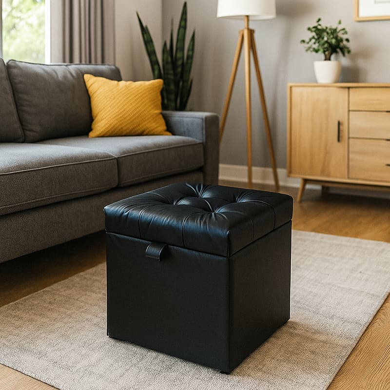 Puff Baú Estofado Decorativo Quadrado 100% MDF – Preto Corino